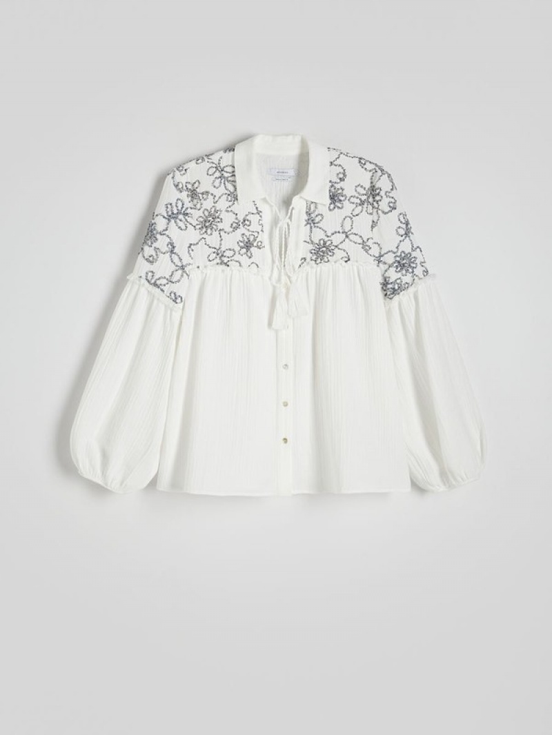 White Reserved Decorative Embroidery Women's Shirts | OLPY-26359