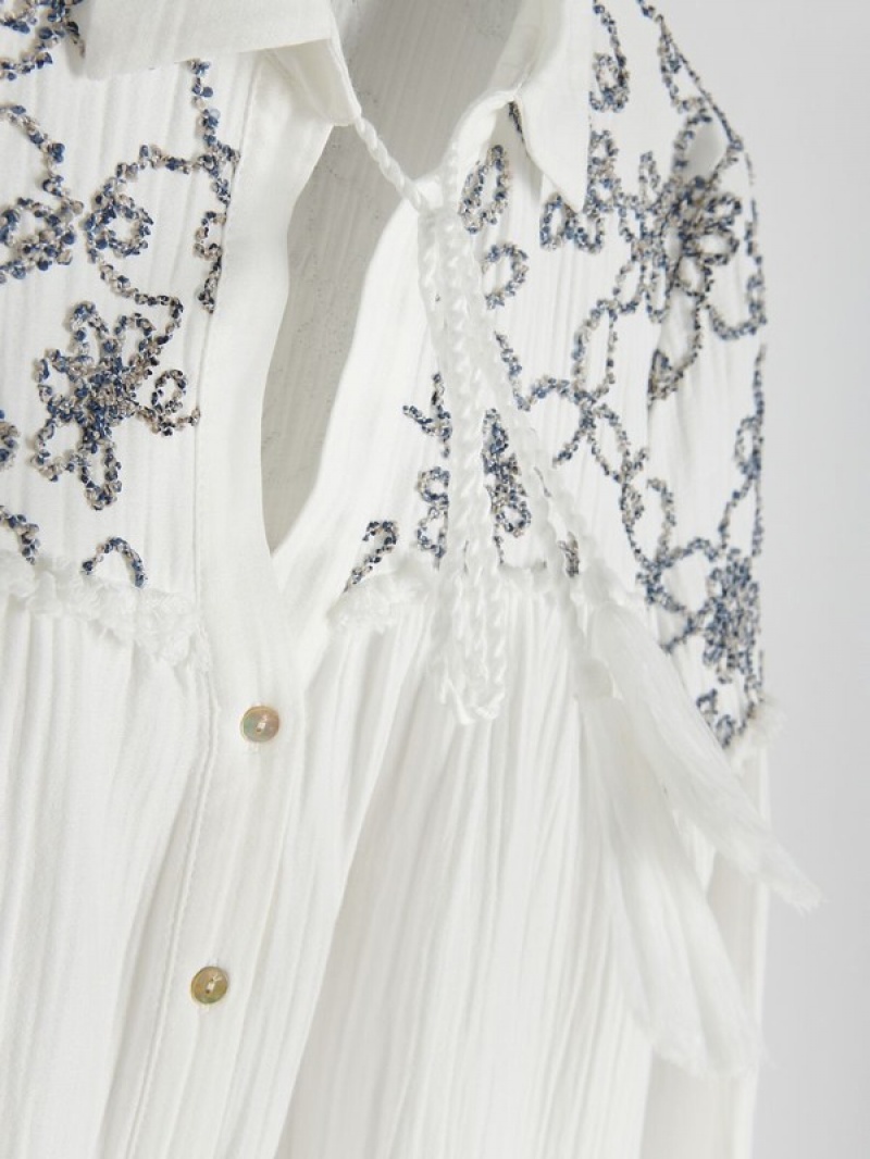 White Reserved Decorative Embroidery Women's Shirts | OLPY-26359