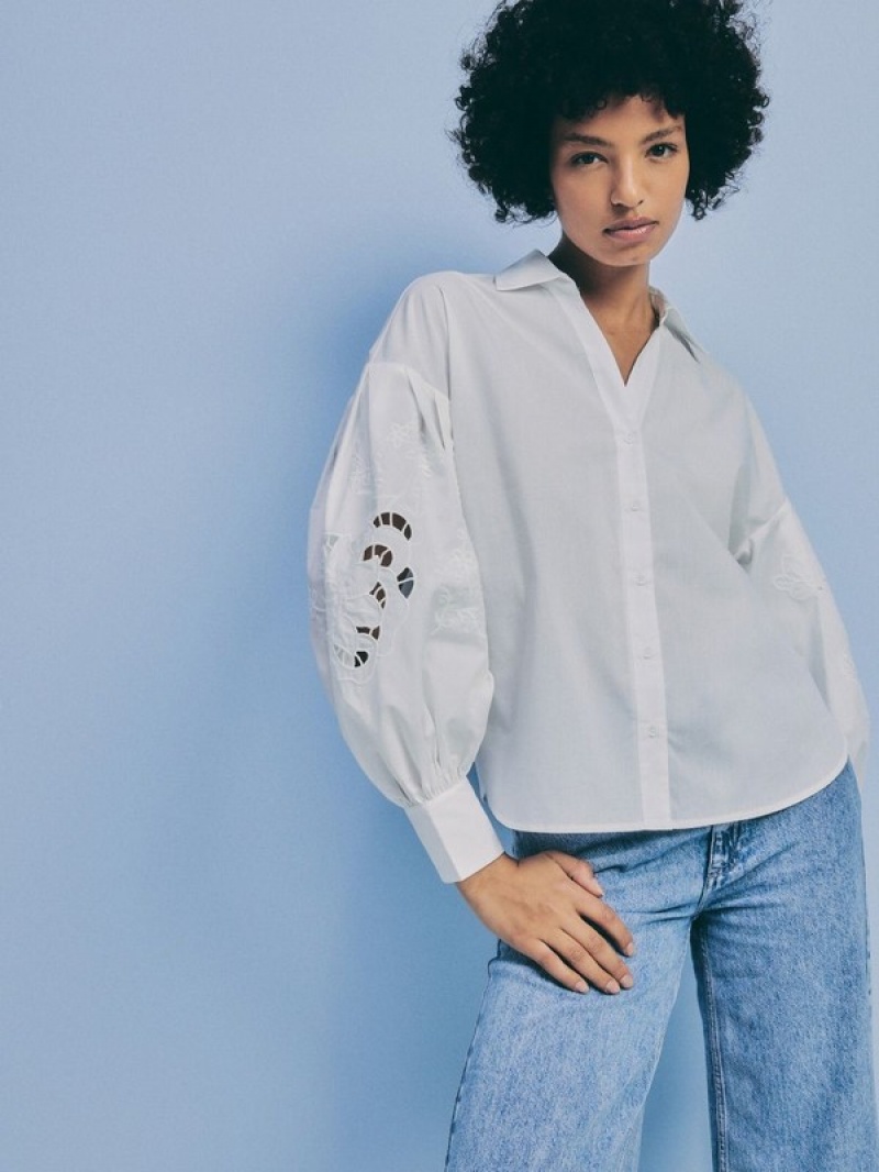 White Reserved Decorative Sleeves Women's Shirts | VCSG-96752