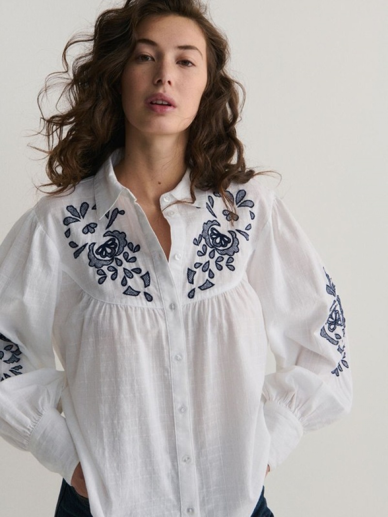 White Reserved Embroidery Detailing Women's Shirts | GICJ-06392