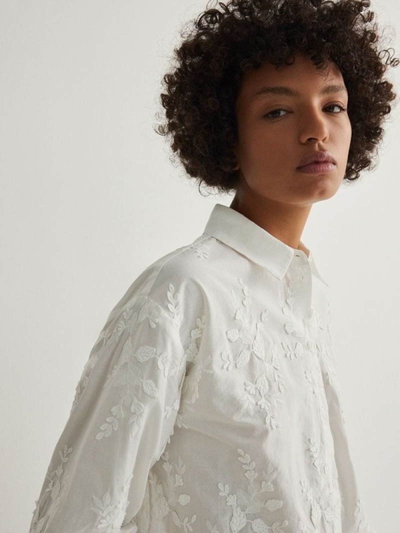 White Reserved Embroidery Women's Shirts | REOQ-21084