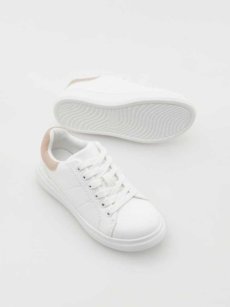 White Reserved Faux Leather Girls' Shoes | WBZG-37502