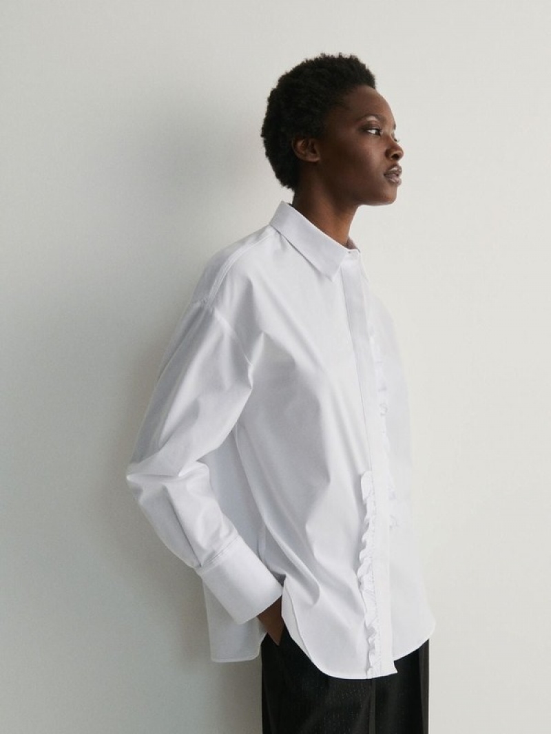 White Reserved Frill Women's Shirts | VJFE-30754