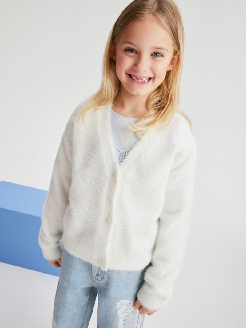 White Reserved Knit Cardigan Girls' Sweaters | ASWH-93186