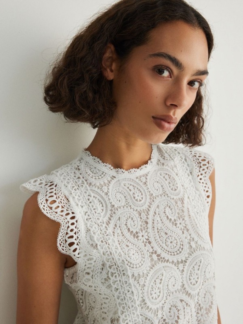 White Reserved Lace Women's Shirts | FQRU-97463