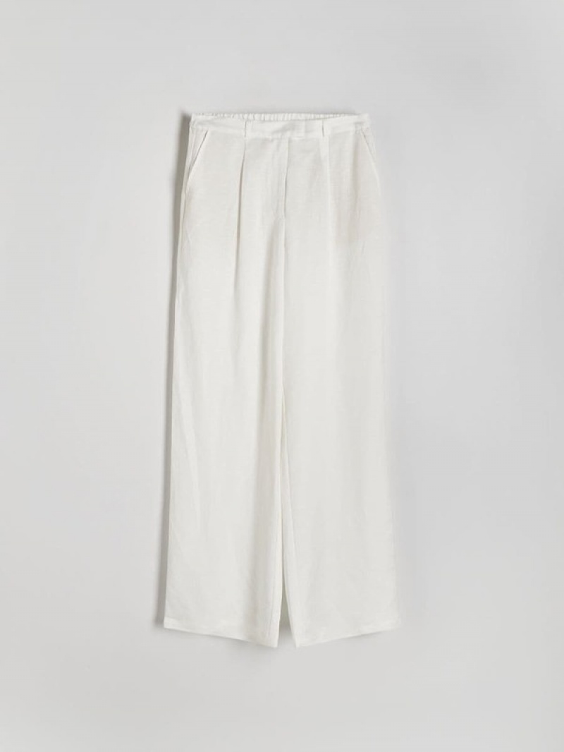 White Reserved Linen And Viscose Blend Women's Trousers | MRBC-79103