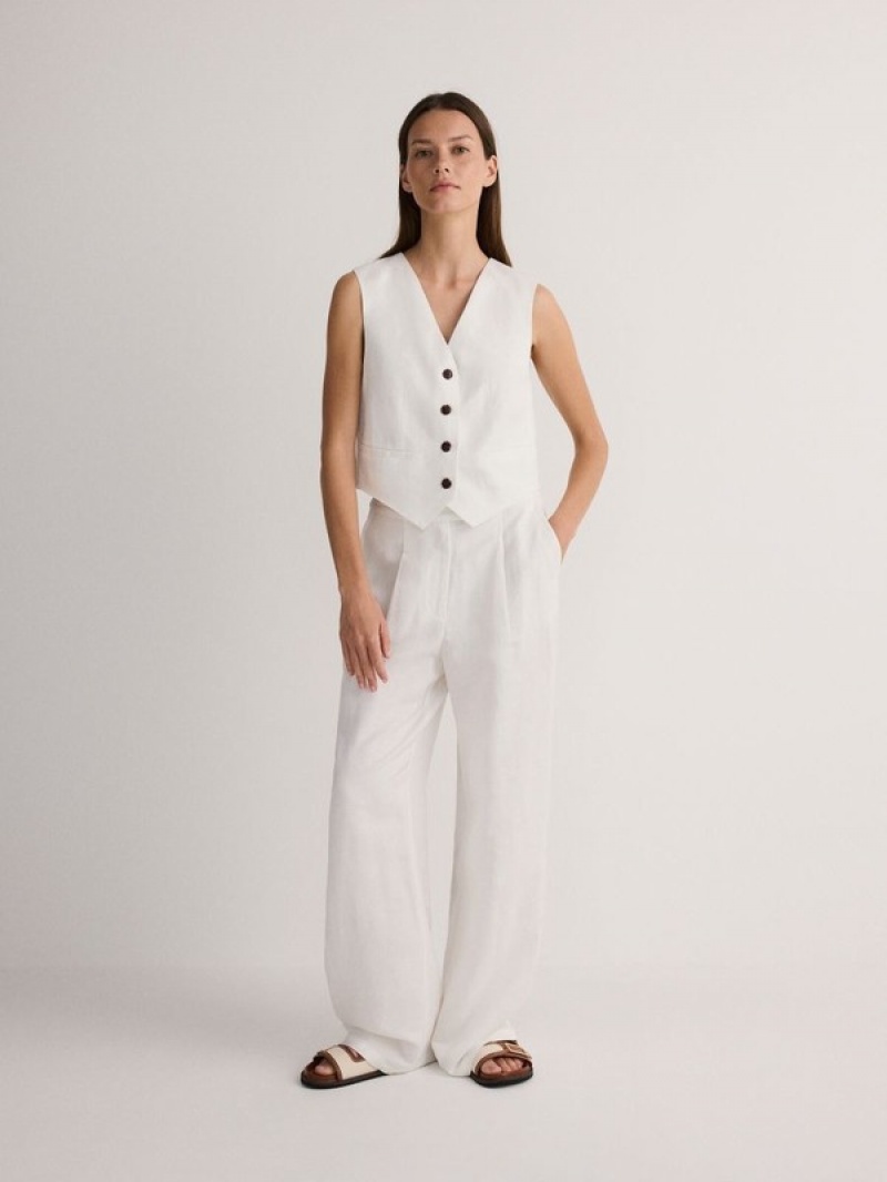 White Reserved Linen Blend Women's Vest | EQWB-26913