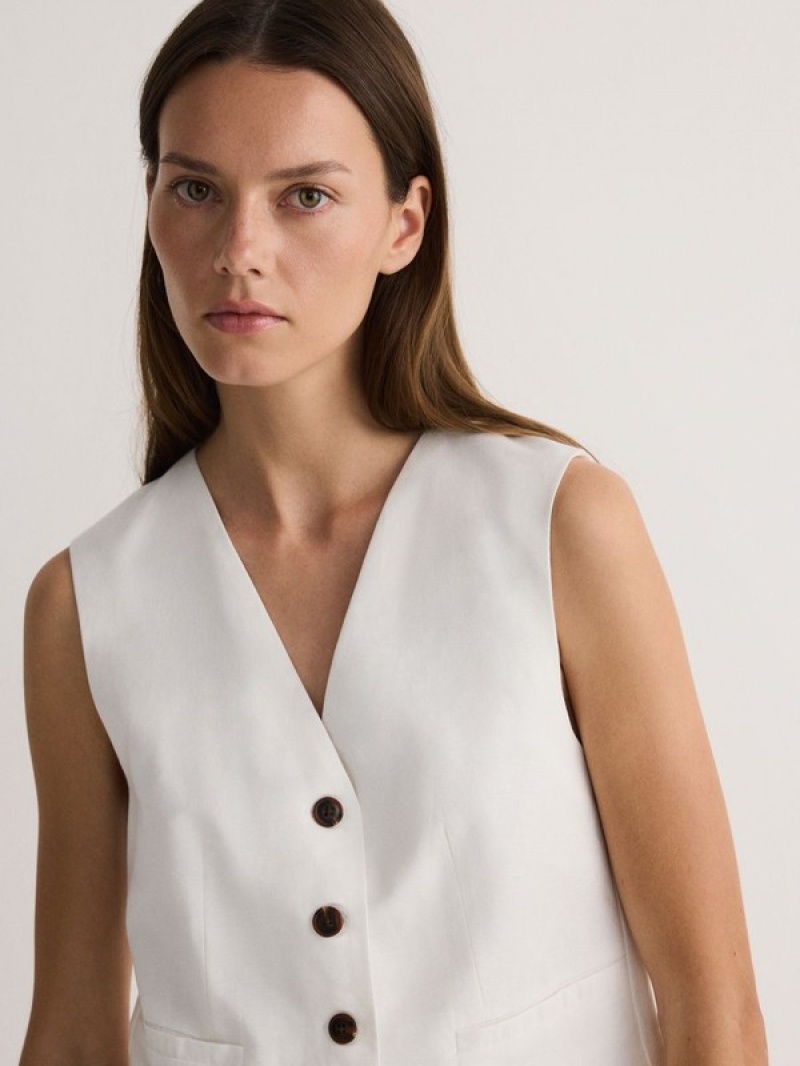 White Reserved Linen Blend Women's Vest | EQWB-26913