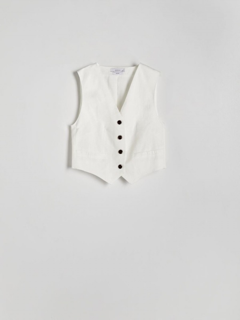 White Reserved Linen Blend Women's Vest | EQWB-26913