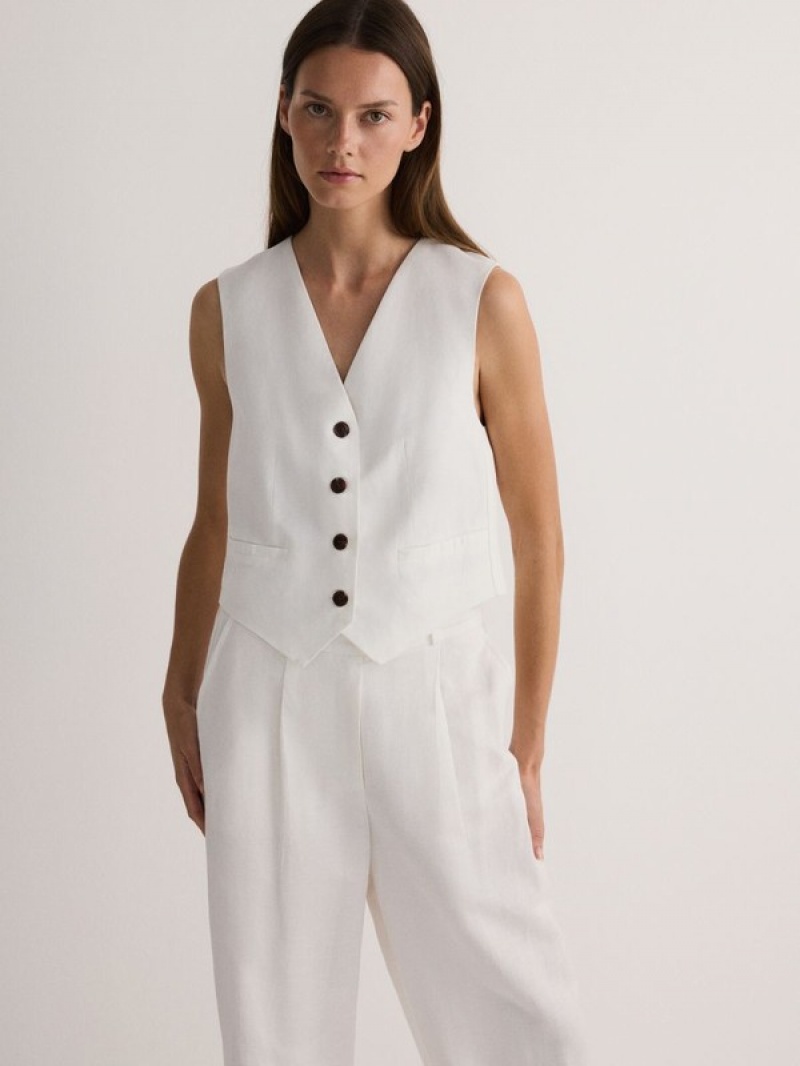 White Reserved Linen Blend Women\'s Vest | EQWB-26913