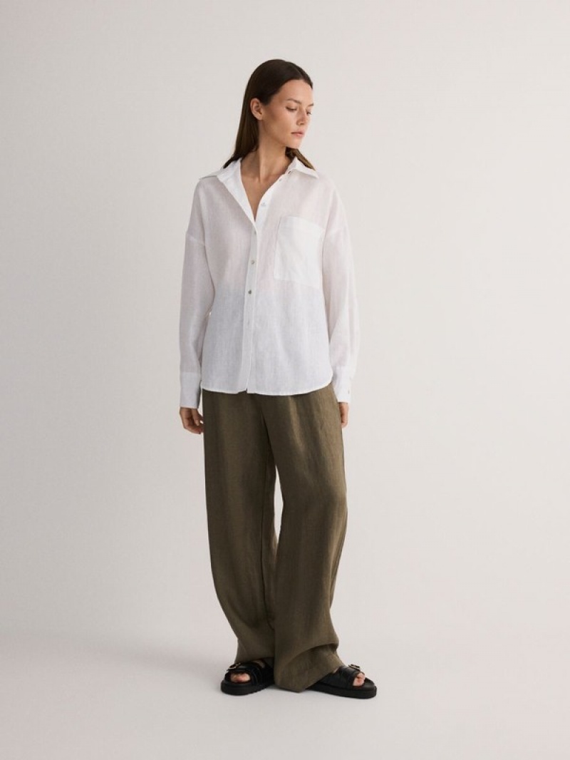 White Reserved Linen Women's Shirts | PKEB-57102