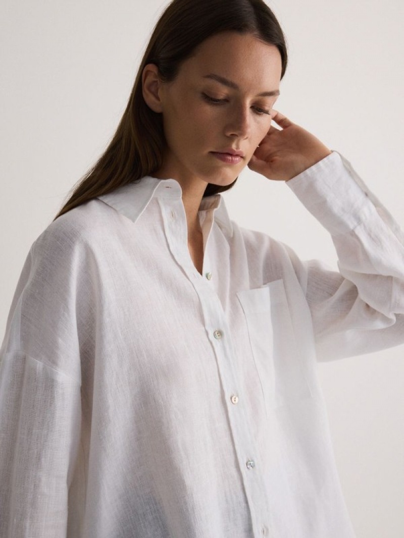 White Reserved Linen Women's Shirts | PKEB-57102