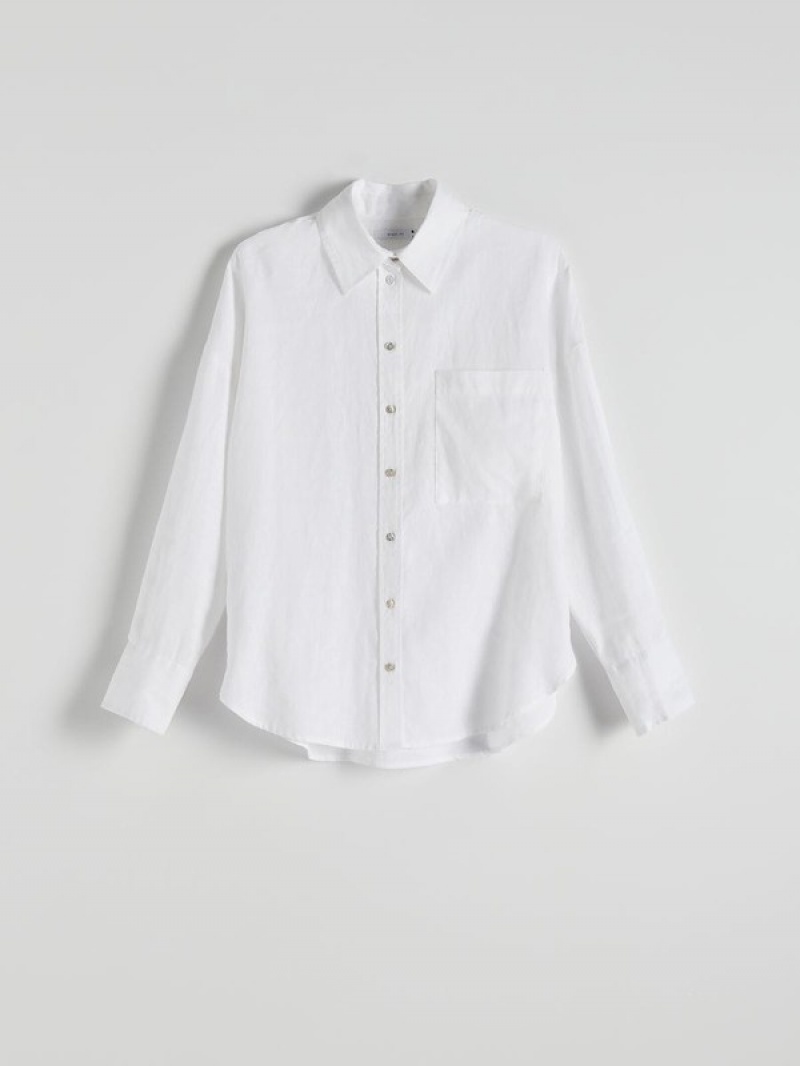 White Reserved Linen Women's Shirts | PKEB-57102