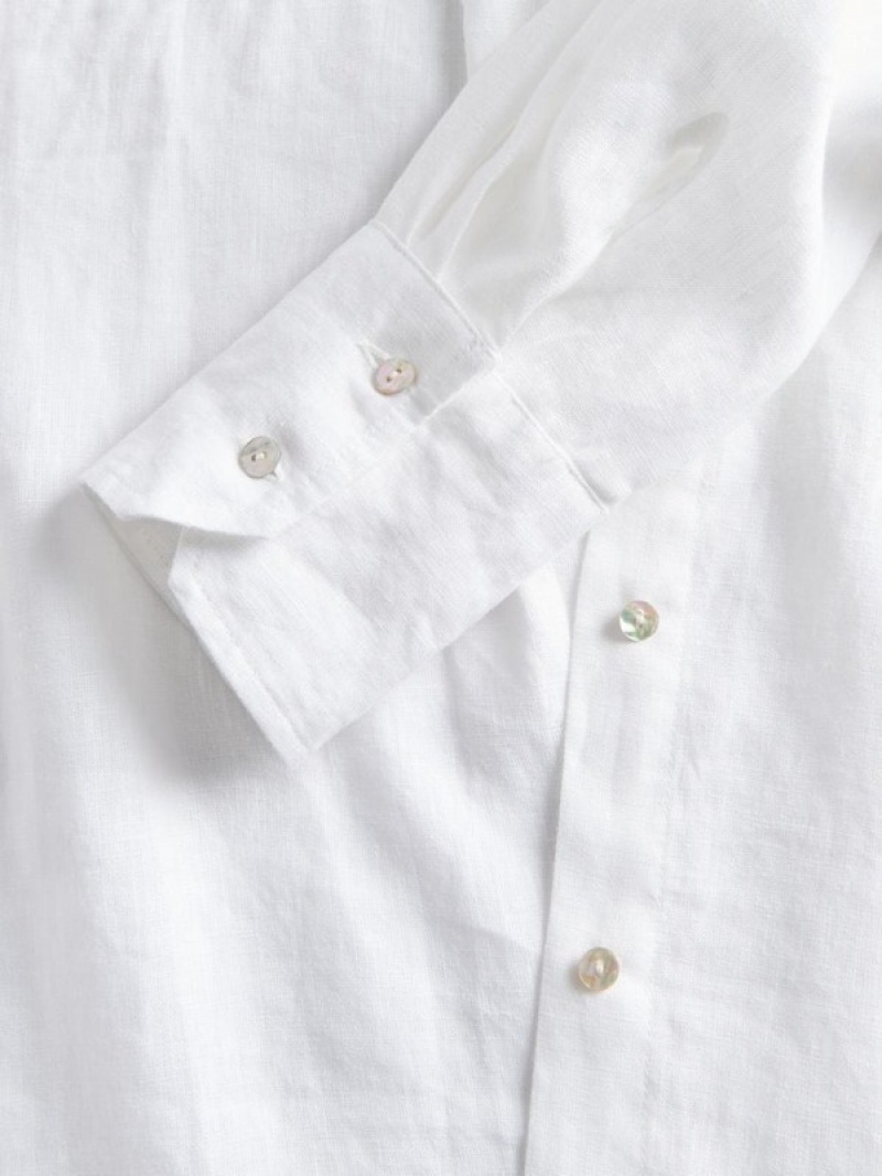 White Reserved Linen Women's Shirts | PKEB-57102