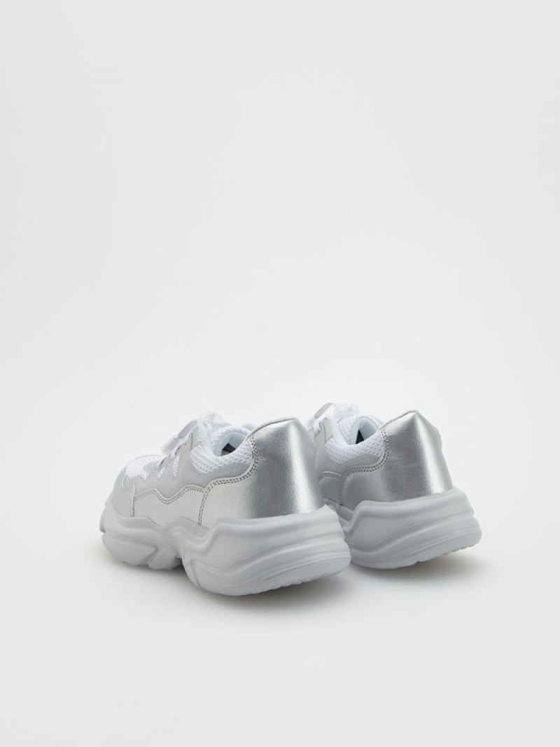 White Reserved Metallic Girls' Shoes | VOKC-25106