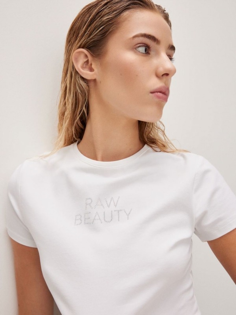 White Reserved Modal Blend Women's T-shirts | PRWJ-75132