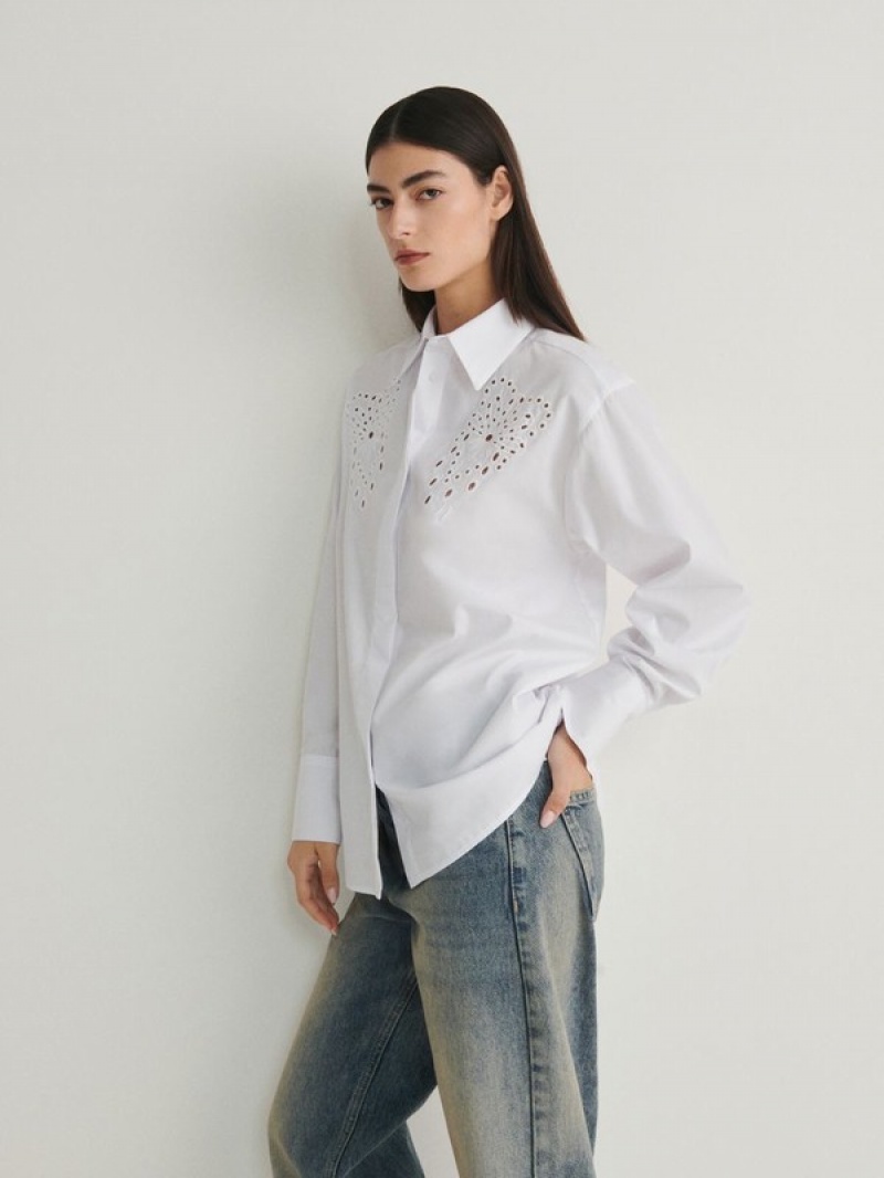 White Reserved Openwork Inserts Women's Shirts | RCXV-37042