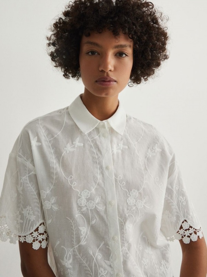 White Reserved Openwork Pattern Women's Shirts | KBVC-07368