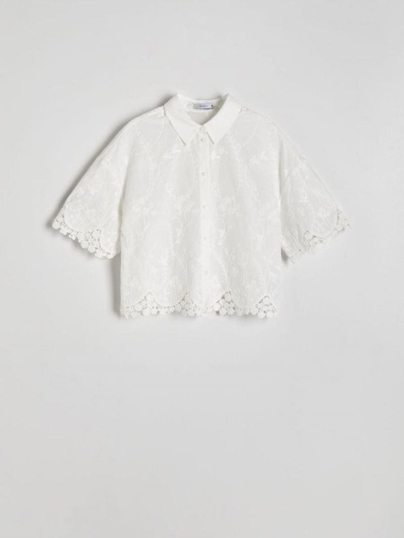 White Reserved Openwork Pattern Women's Shirts | KBVC-07368