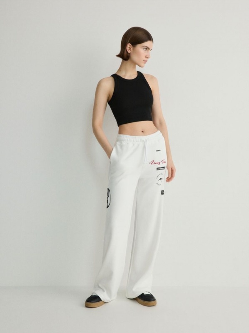 White Reserved Printed Women's Trousers | XQHL-80721