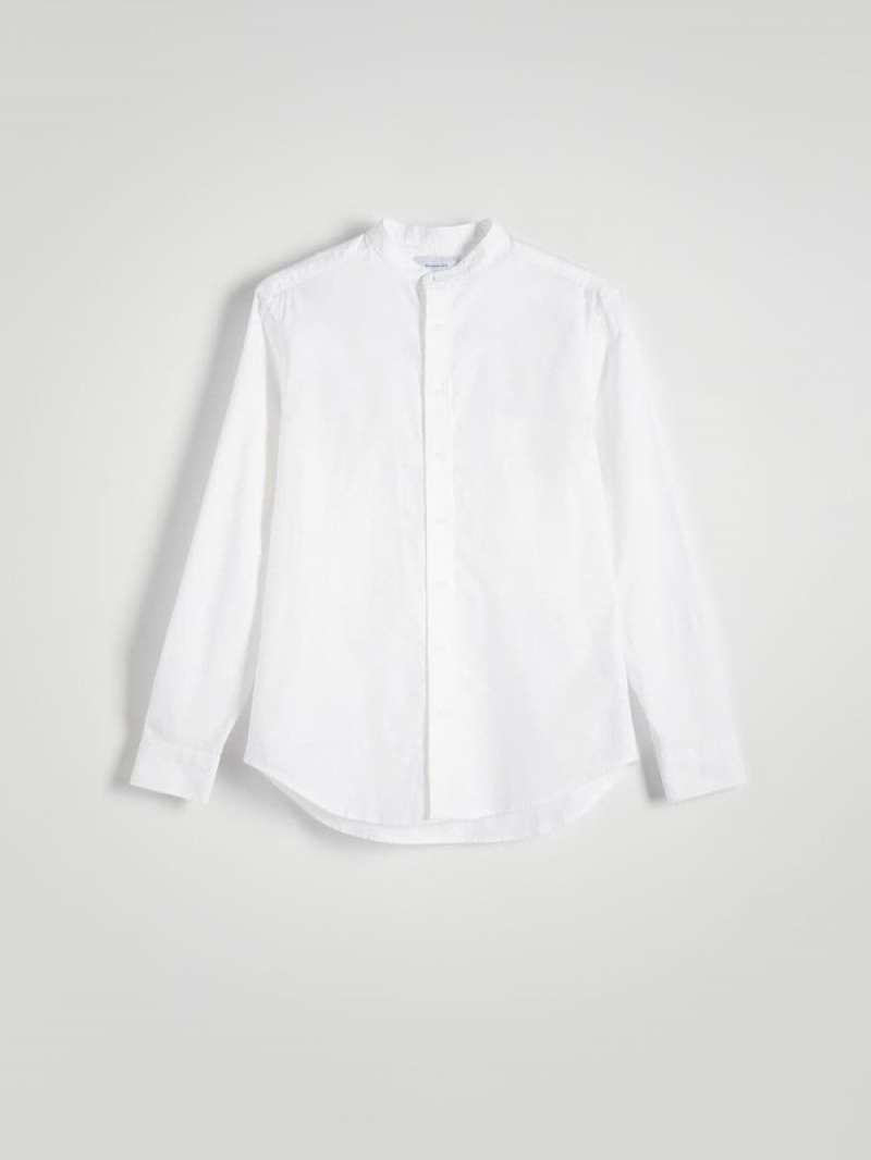 White Reserved Regular Fit Mandarin Collar Men's Shirts | WQMZ-80746