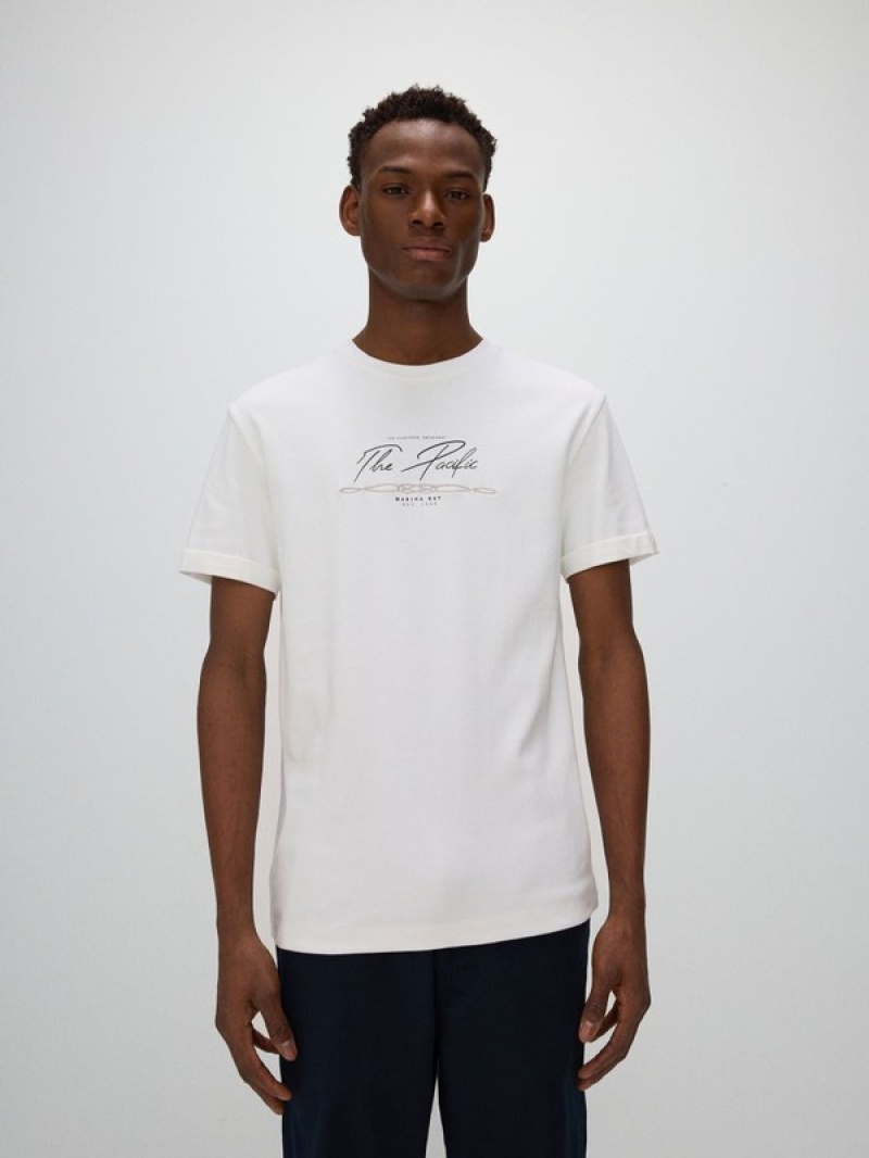 White Reserved Regular Fit T-print Men's T-shirts | XCRK-40583