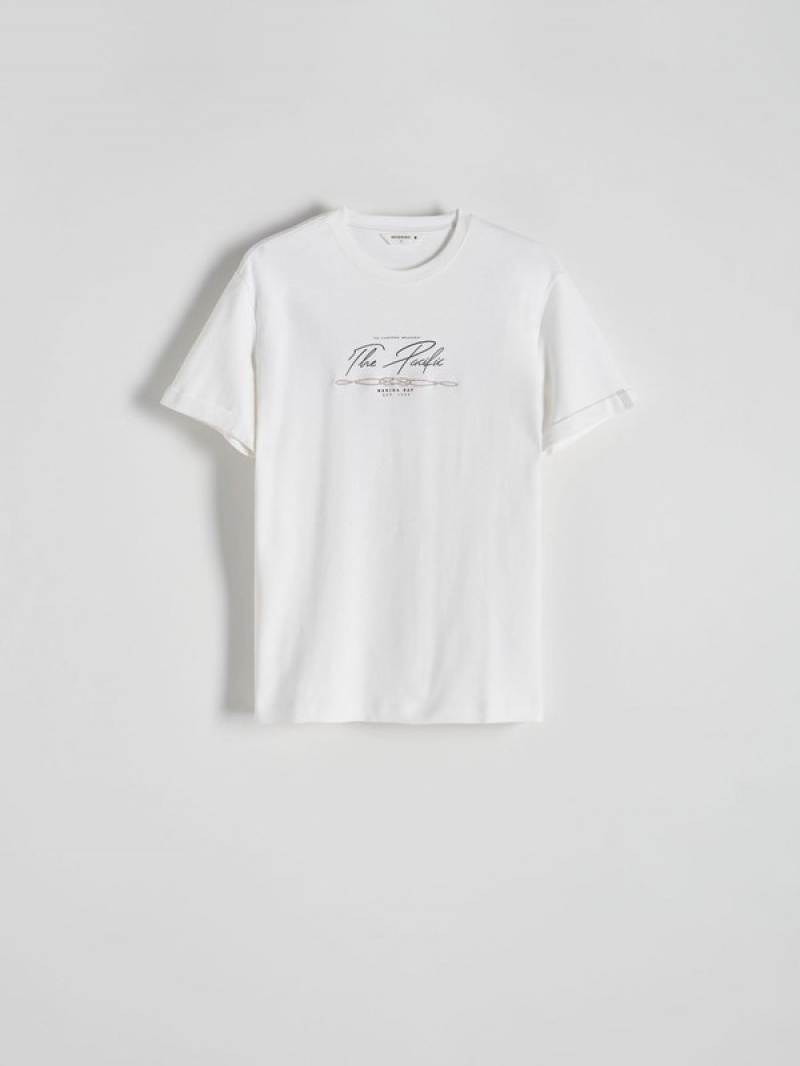 White Reserved Regular Fit T-print Men's T-shirts | XCRK-40583