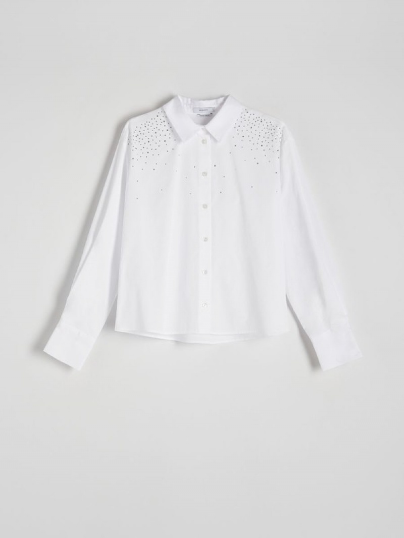 White Reserved Rhinestones Women's Shirts | WTFY-15627