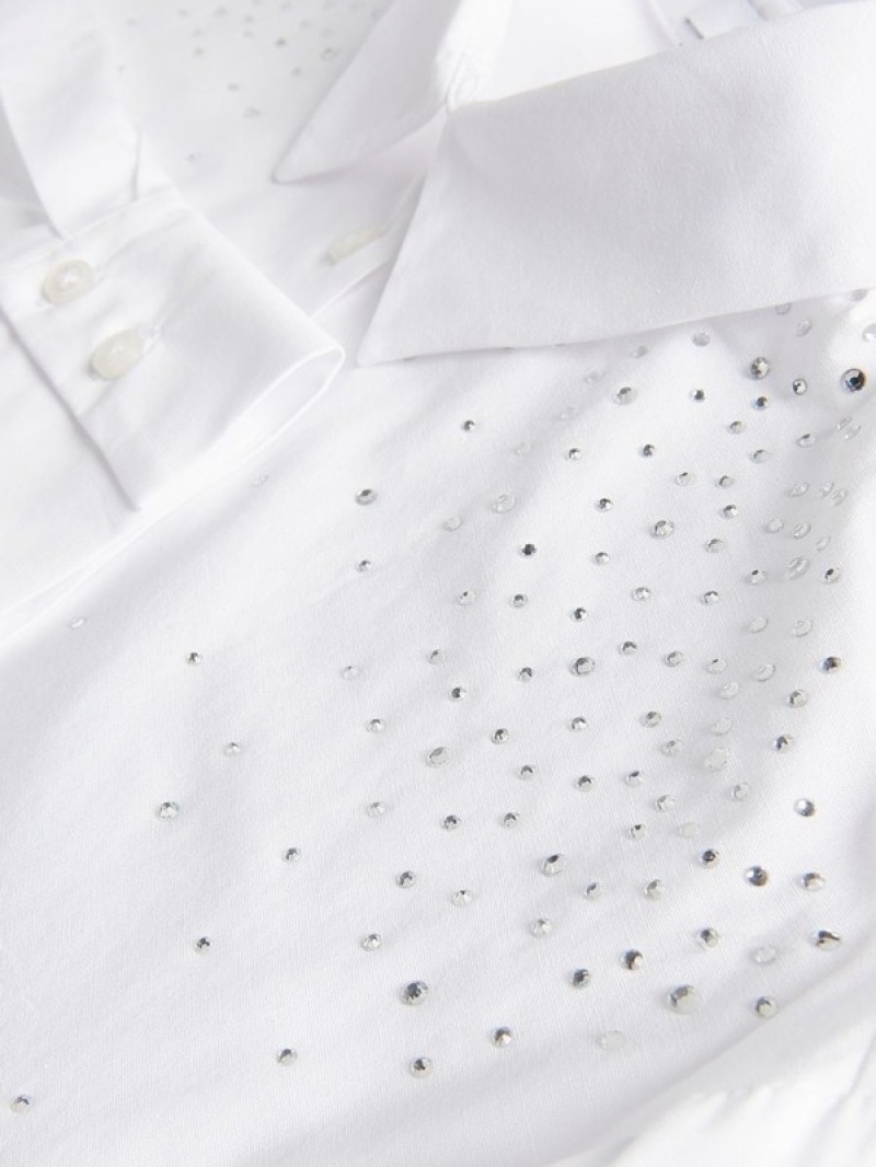 White Reserved Rhinestones Women's Shirts | WTFY-15627