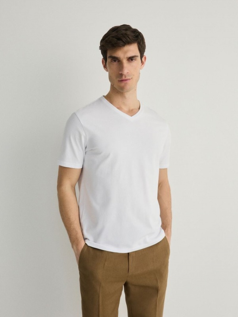 White Reserved Slim Fit V-neck Men's T-shirts | LOXF-19260