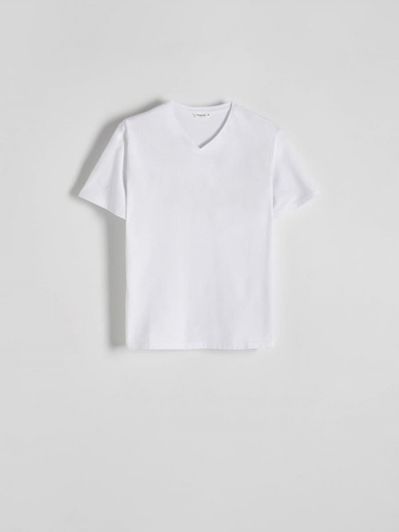 White Reserved Slim Fit V-neck Men's T-shirts | LOXF-19260