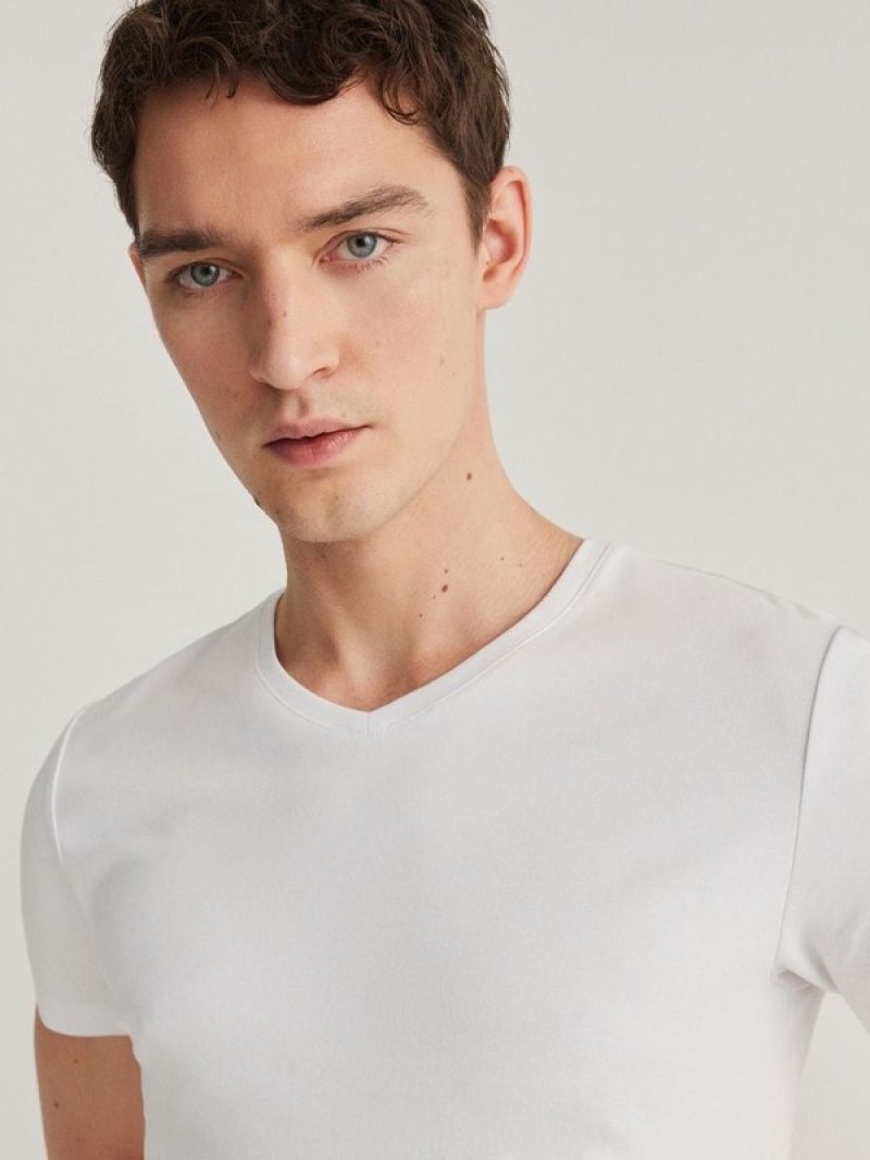 White Reserved Slim Fit V-neck Men's T-shirts | BUZN-79685