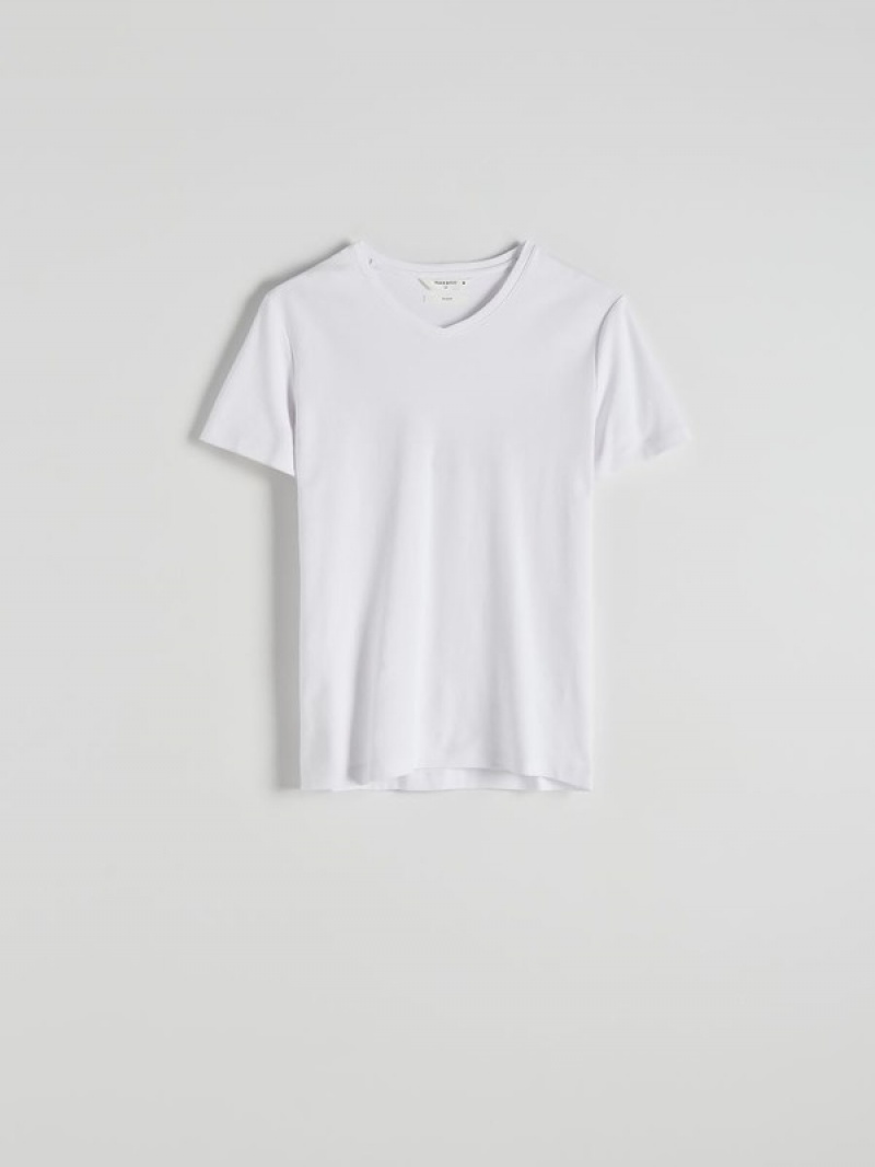 White Reserved Slim Fit V-neck Men's T-shirts | BUZN-79685