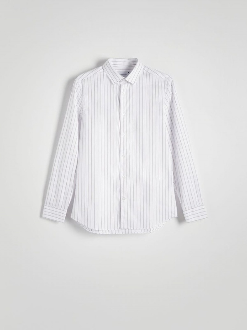 White Reserved Striped Slim Fit Men's Shirts | RBEM-47018