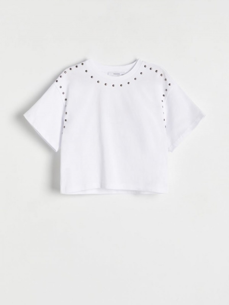 White Reserved Studded Girls' T-shirts | CJQO-52013