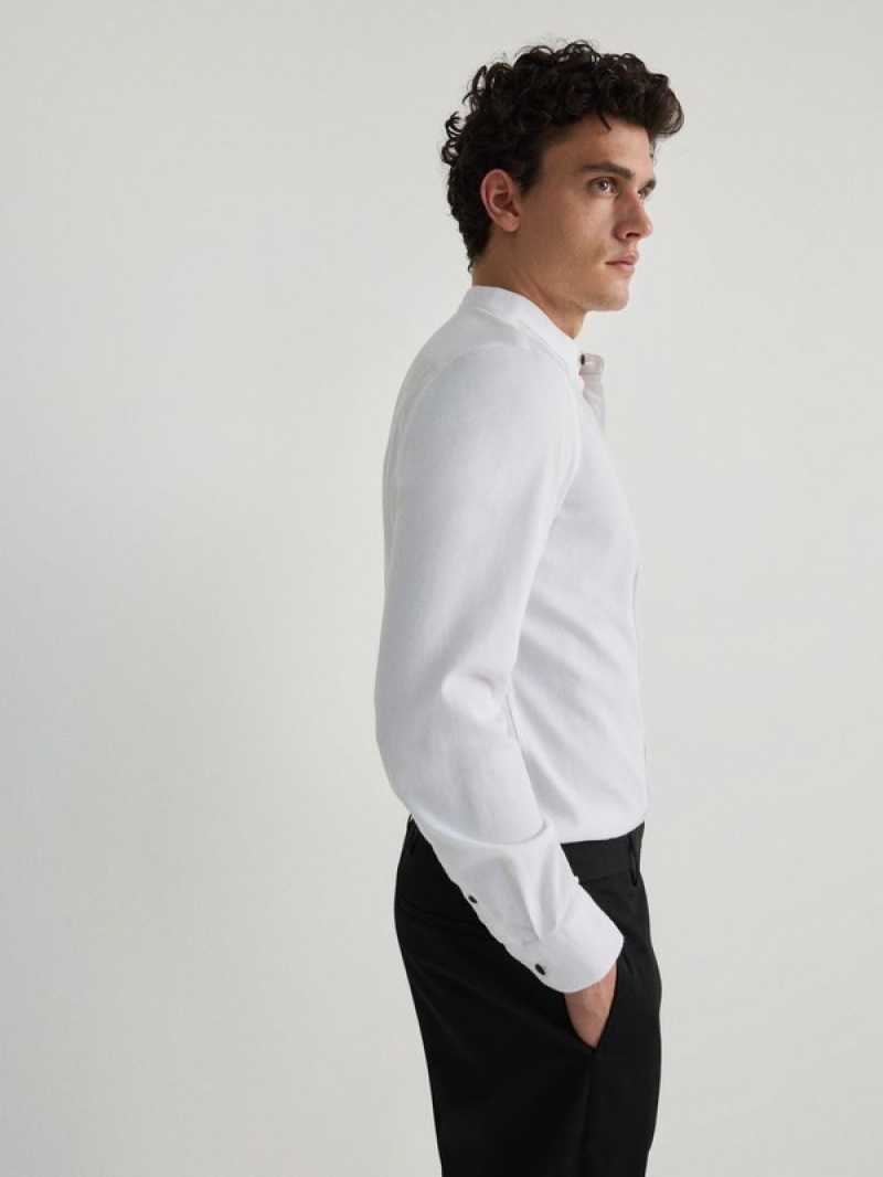 White Reserved Super Slim Fitstand Up Collar Men's Shirts | KIVM-24579