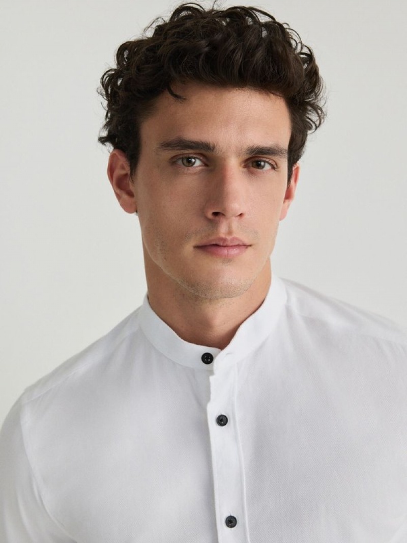 White Reserved Super Slim Fitstand Up Collar Men's Shirts | KIVM-24579