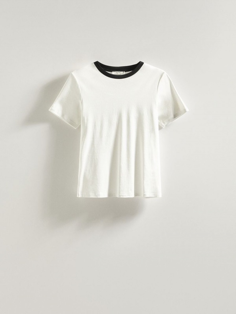 White Reserved T-contrasting Trim Women's T-shirts | ZETH-15369