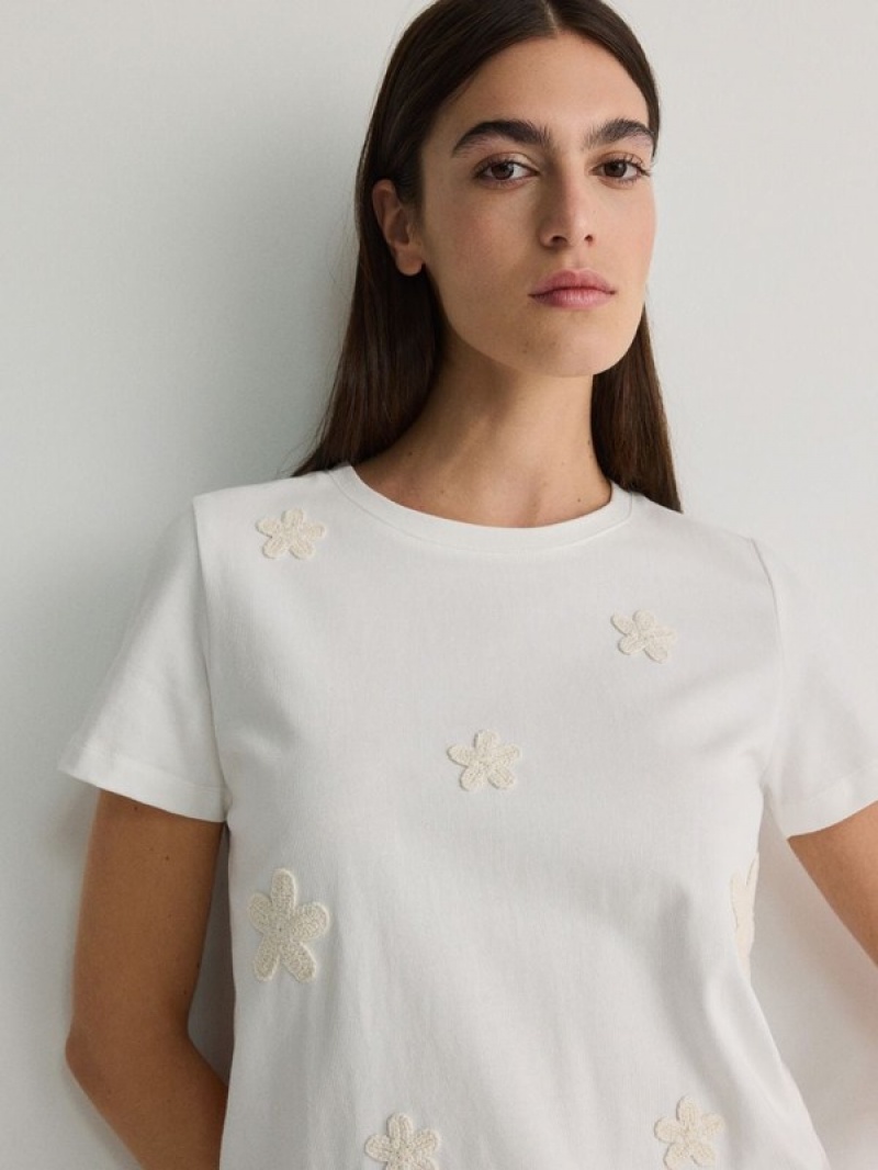 White Reserved T-decorative Embroidery Women's Shirts | AKBY-76195