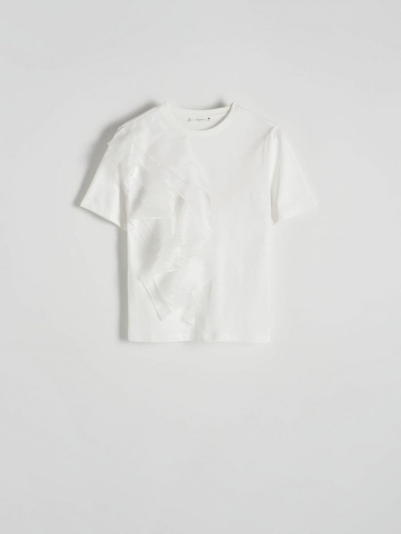 White Reserved T-decorative Ruffle Detail Women's Shirts | UGRV-57236