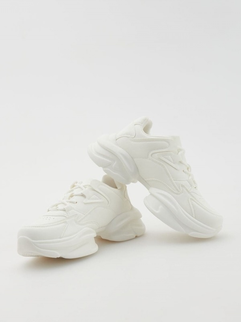 White Reserved Thick Sole Women's Sneakers | KGBI-19460