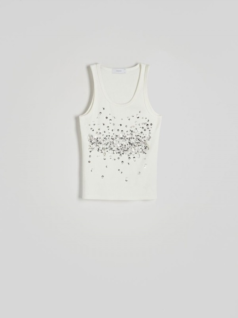 White Reserved Topshiny Appliqués Women's T-shirts | RKCM-25368