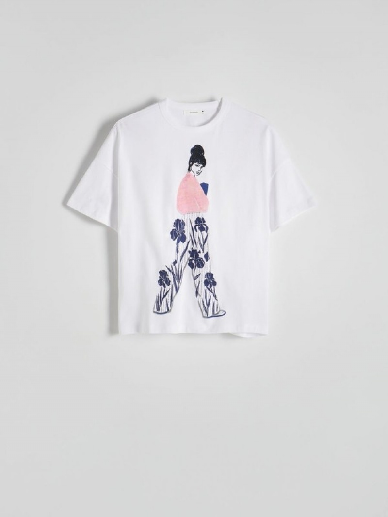 White Reserved T-print Women's T-shirts | VXWI-14970